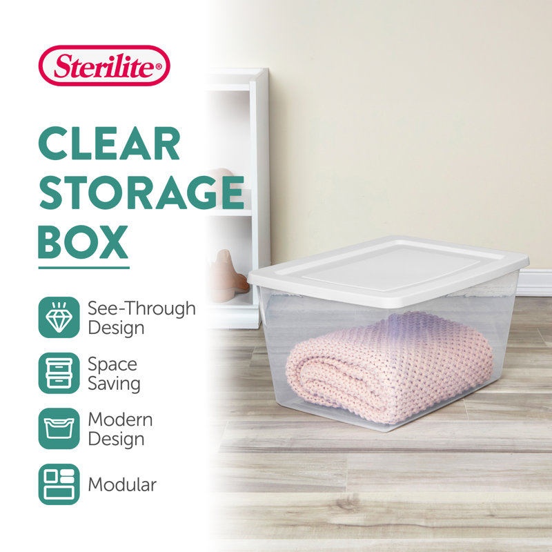 Sterilite 58 Qt Storage Boxes, Clear Plastic Containers w/ Lid, Set of 12, White