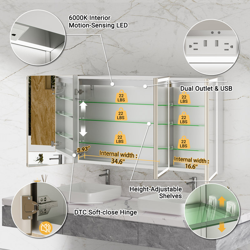 Svenn Recessed Lighted Medicine Cabinet With Mirror, 3 Adjustable Shelves, Beveled Design, Defogger, Outlets & Usbs