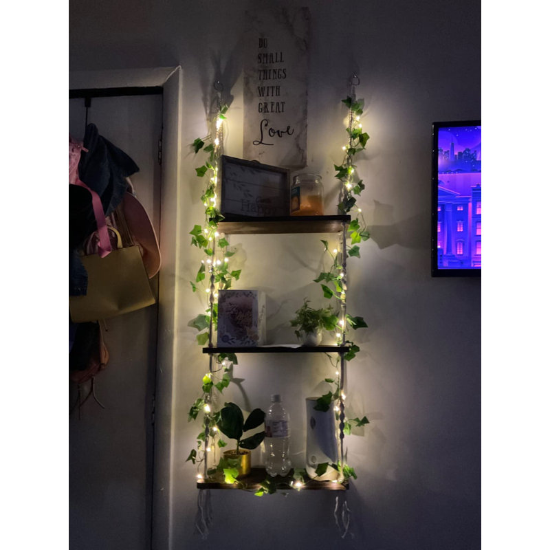 3 Tier Floating Shelf Wall Storage with Handmade Woven Ropes and Vine Lights