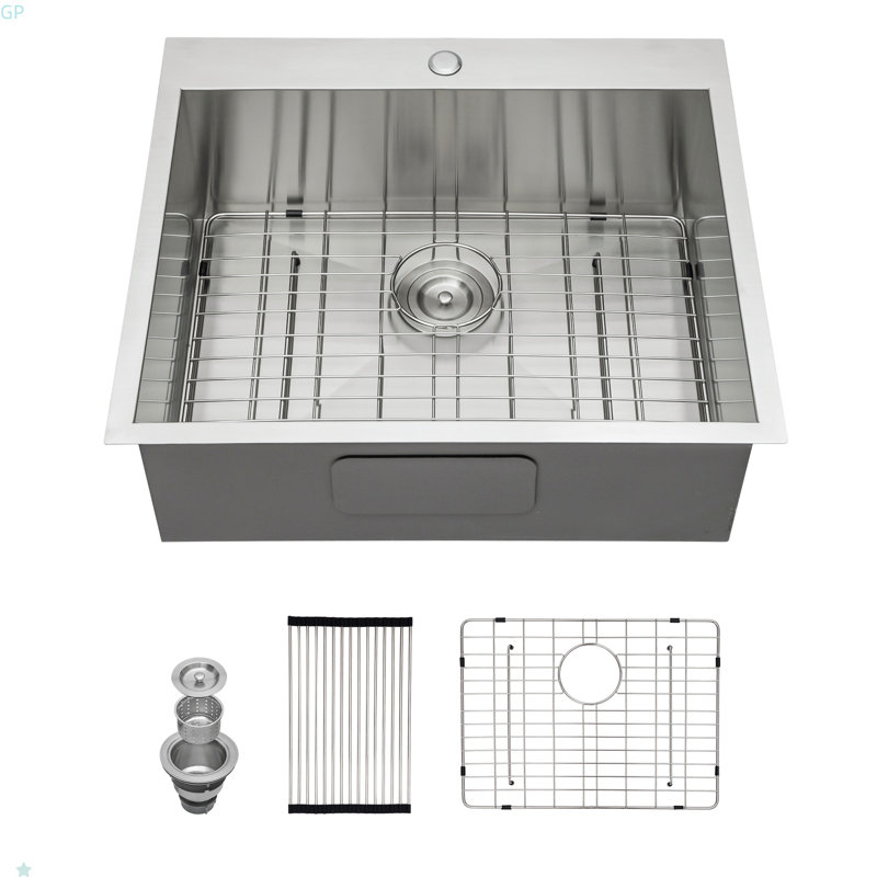25"X22"X12" Stainless Steel Laundry Utility Sink Drop In Topmount Deep Single Bowl Kitchen Sink Basin