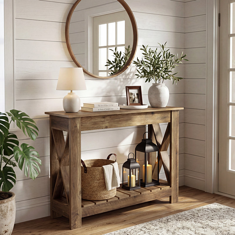 Console de 41 po en bois massif, table d'entrée de style campagnard avec design en X et tablette inférieure à lattes, table de canapé étroite pour le salon, brun rustique