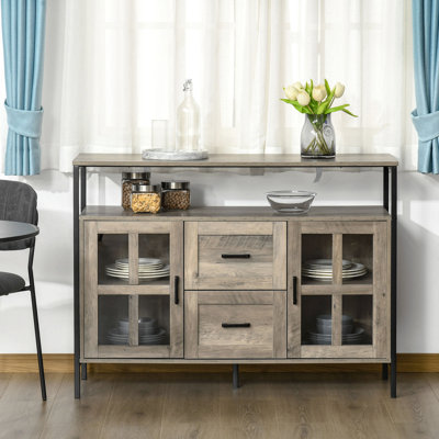 HOMCOM Industrial Sideboard Buffet Cabinet, Kitchen Cabinet, Coffee Bar Cabinet With Adjustable Shelves, Glass Doors, And 2 Drawers For Living Room, Gray