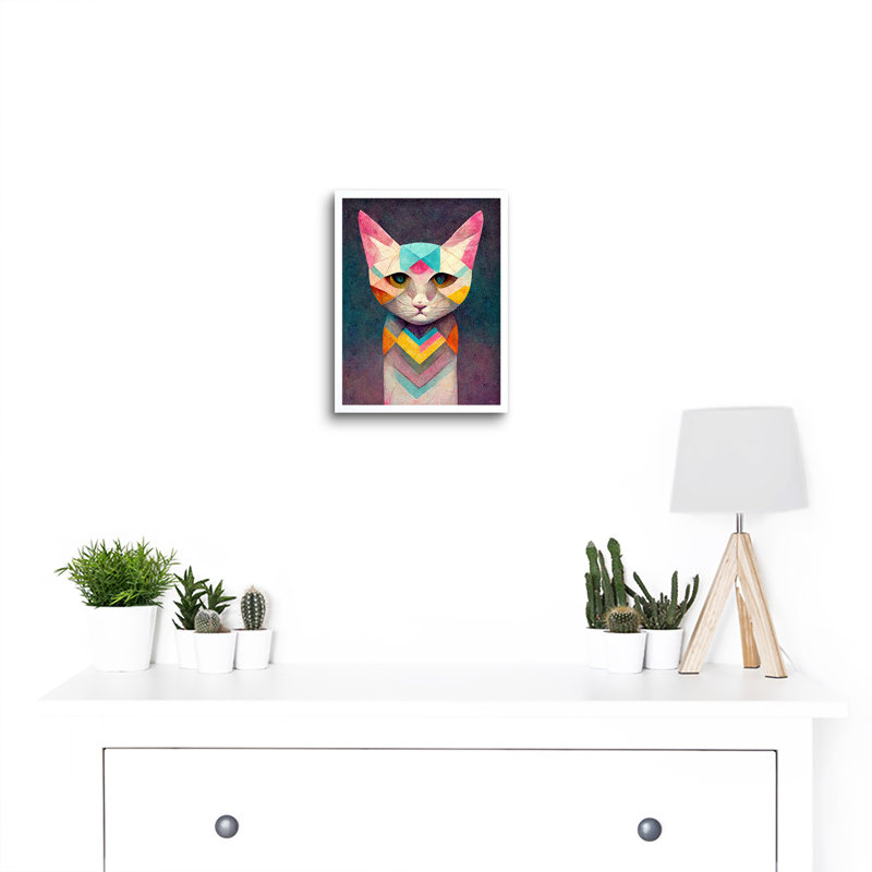 Geometric Colourful Multicoloured Pastel Cat - Painting, White Framed Paper, 25.9cm H x 20.6cm W