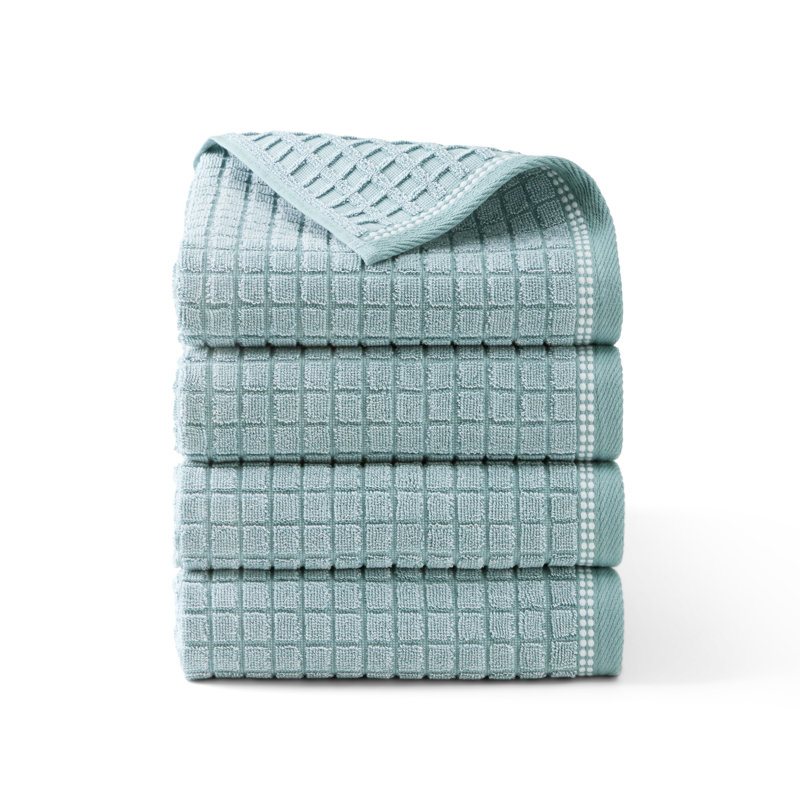 TOWN & COUNTRY EVERYDAY 4-Piece Textured Windowpane Hand Towel Set, 20x30-Inch, 100% Cotton, Aqua Blue