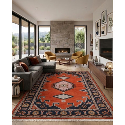 Orange foncé | Tapis d'intérieur bleu marine en soie et laine bleu marine