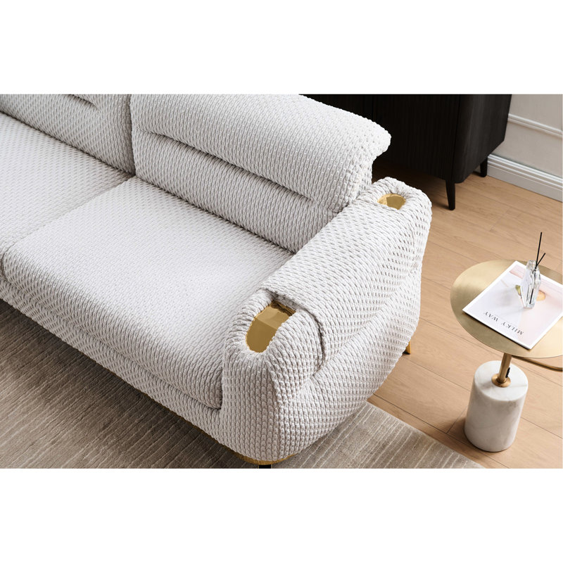 Meuble de salon moderne 3 pièces en crème, chenille douce, détails dorés et soutien lombaire gris, 2 options, structure en bois, accoudoirs roulés, conçu pour une assise confortable
