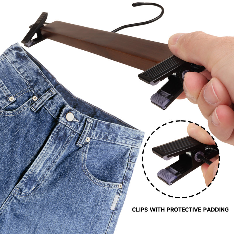 Cintres pour pantalons en bois massif de qualité supérieure avec pinces réglables, cintres de jupe en bois robustes pour jeans, pantalons et robes