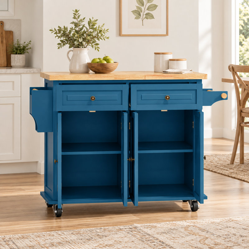 Îlot de cuisine mobile turquoise avec plateau en bois massif et roulettes, table mobile de 112 cm avec placards et tiroirs de rangement