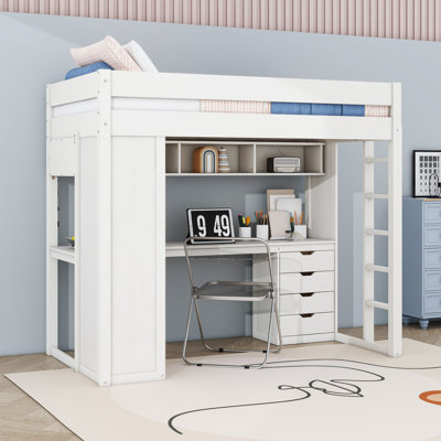 4 Drawer Loft Bed with Shelves, Desk and LED Lighting