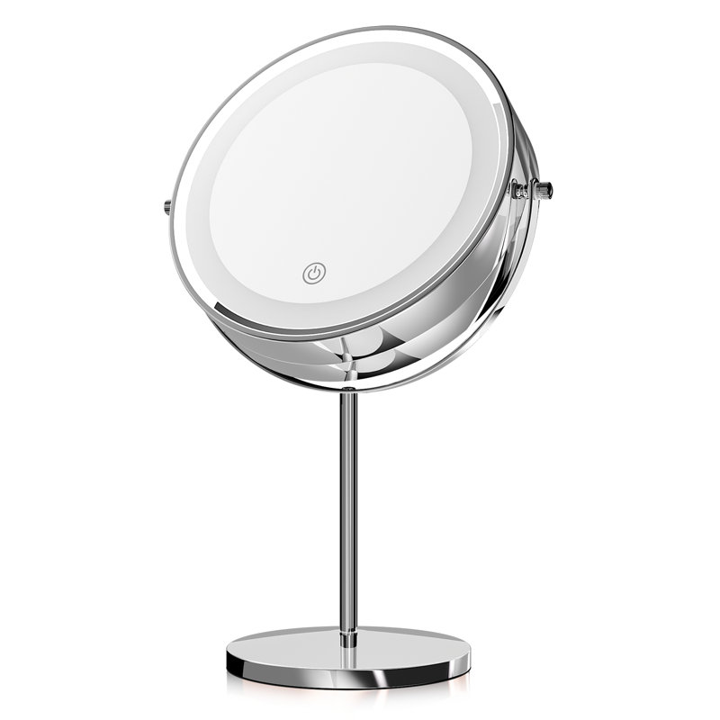 Circular Free Standing LED Make Up Mirror 10X Magnification, 360 Degree Swivel, Silver
