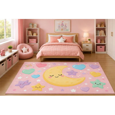 "Ultra Lightweight" 5' x 7' Sleeping Moon Hearts and Stars Area Rug for Girls Bedroom Nursery Playroom Scandinavian Minimalist Celestial Decor Non-Slip Silicone Backing Low Pile