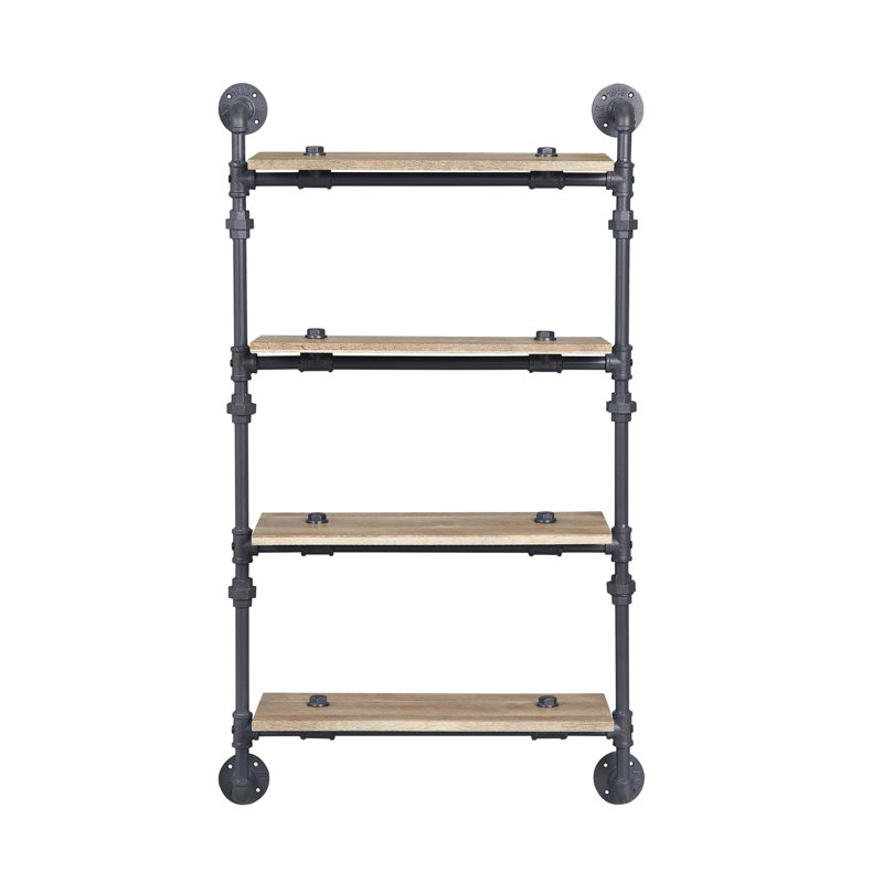 Étagère murale à 4 niveaux en noir sablé et chêne, conception de conduite d'eau pour rangement spacieux de bureau, tablette de L 23 po, hauteur du produit: l 9 po x profondeur de 52 po