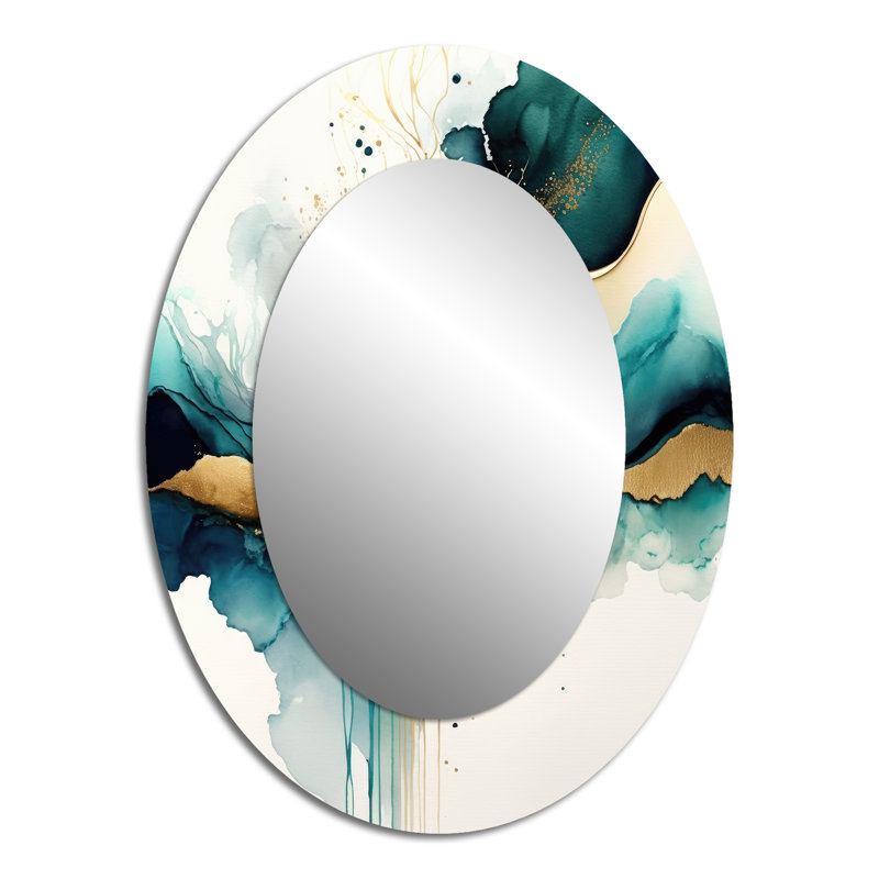 Teal And Gold Abstract Expression III - Teal Oval Wall Mirror Decor, 40" x 30"