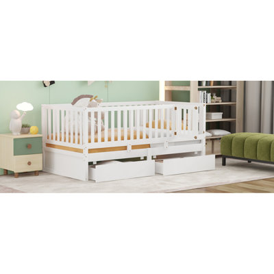 Lit de jour simple en bois avec barrière de sécurité et 2 tiroirs, divisée en lit de jour indépendant et lit de jour, blanc (ANCIEN SKU: LP100881AAK)