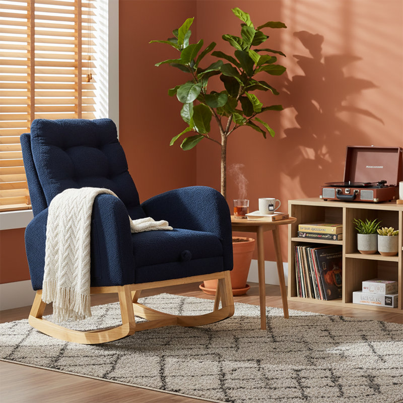 Chaise berçante classique rembourrée avec repose-pieds réglables, Blue