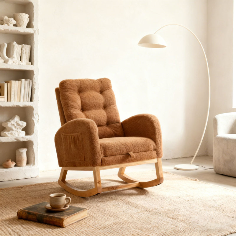 Chaise berçante d'appoint avec repose-pieds en bois d'hévéa à haut dossier, Caramel