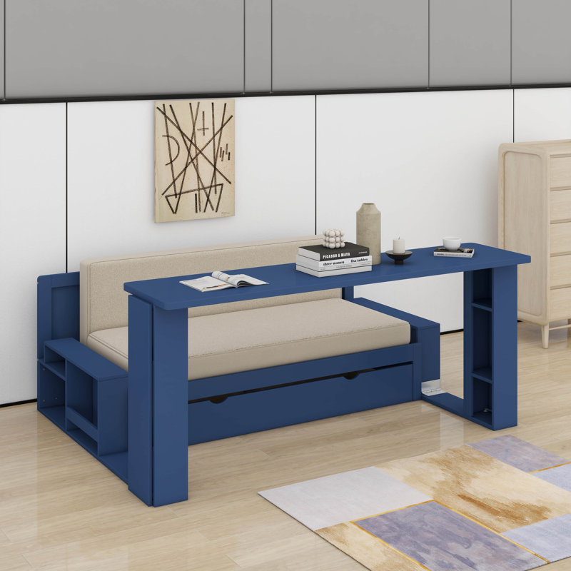 Grand lit de jour avec bureau, tiroirs et table, Bleu, Grand lit