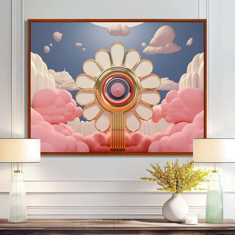 «Pink Blessing Flower In The Sky - Abstract Landscape», art mural, Toile avec cadre flottant brun