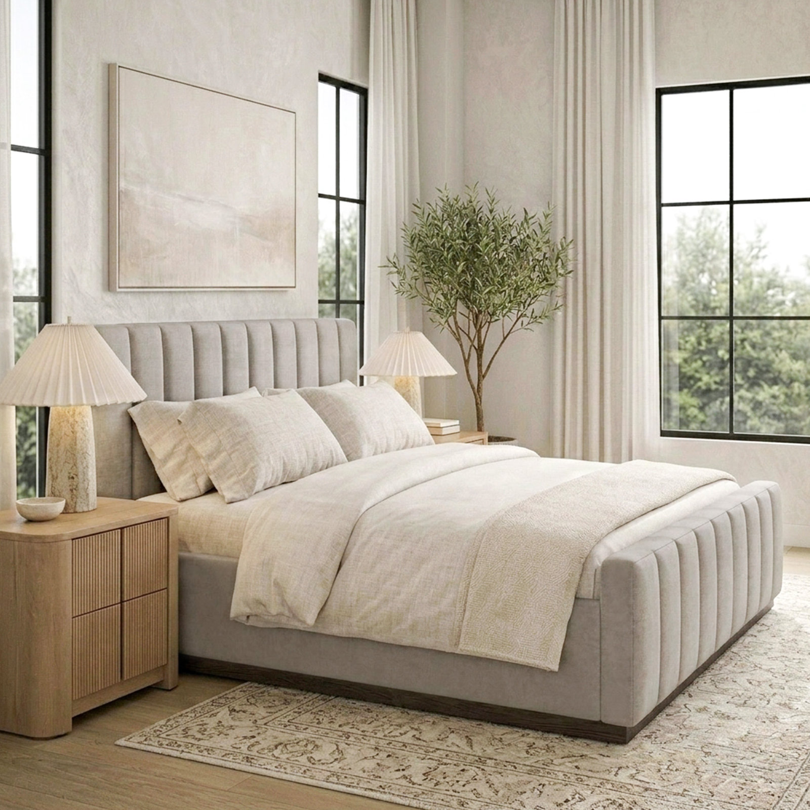 Upholstered Panel Bed, Queen, Gray