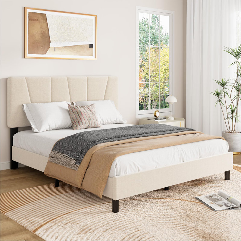 Full Upholstered Platform Bed Frame with Adjustable Headboard, Linen Fabric, Sturdy Wooden Slats, No Box Spring Needed, Easy Assembly - Beige Cream