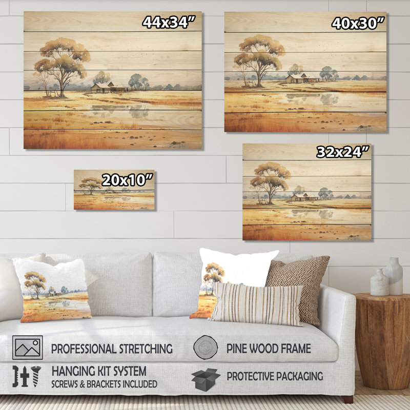 Beige, safari africain, paysage III - Afrique sur bois, H 34 po x l 44 po