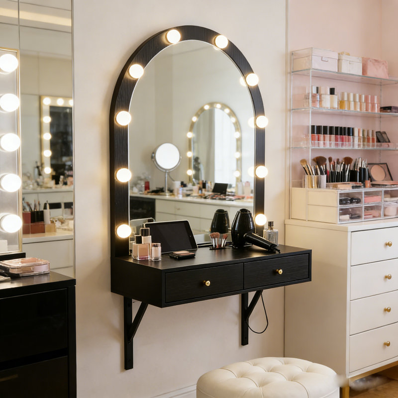 Modern Floating Makeup Vanity With Lighted Arched Mirror, Built-In Outlets & Storage Drawers, Black