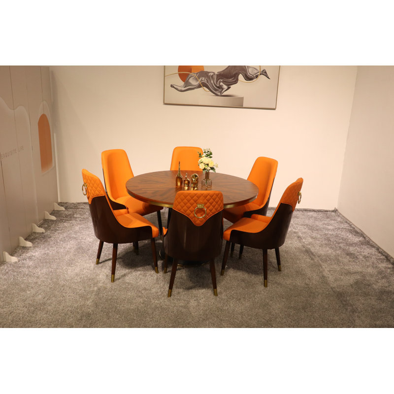 Vogue Lux Orange 61" Round Dining Set, Orange, 7 Pieces: Table, 6 Chairs, 31" H x 51" W x 51" D