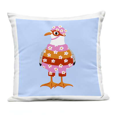 Sassy Seagull Wetsuit Outdoor Printed Pillow design by Bex Morley Design