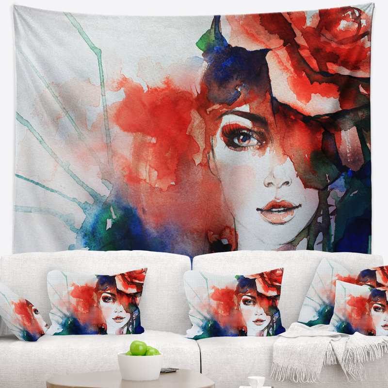 Femme abstraite avec tapisserie d'illustration de rose, H 32 po x l 39 po
