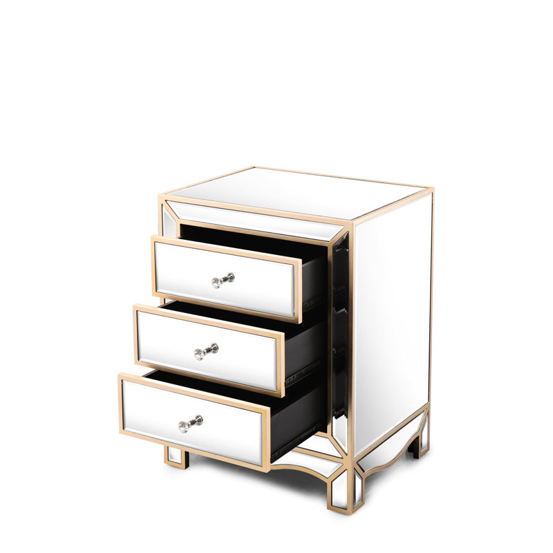 Commode 3 tiroirs Champagne Fait de verre épais. Idéal pour les salons, les chambres à coucher et les canapés. Résistance aux hautes températures, entretien facile. Comprend une poignée en cristal et un rail de guidage lisse.