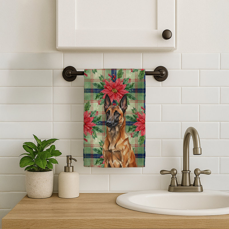 Mahogany Belgian Malinois Christmas PoinsettIas Kitchen Towel, Mahogany Belgian Malinois