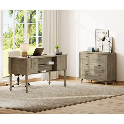 Ensemble de bureau et de commode en bois de style campagnard, commodes pour enfants avec une large commode, organisateur de rangement de garde-robe moderne en bois de style Mid-Century, bureau d'écriture pour bureau à domicile et salon, gris délavé