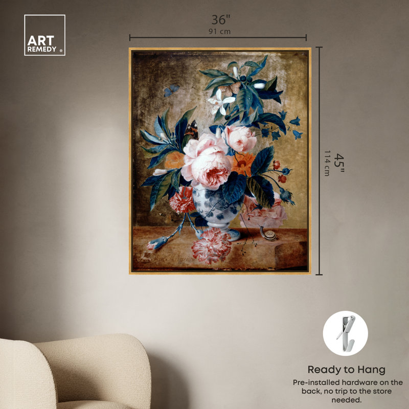 Art mural Jan Vase Jan Van Huysum, Cadre doré, H 46 po x l 37 po