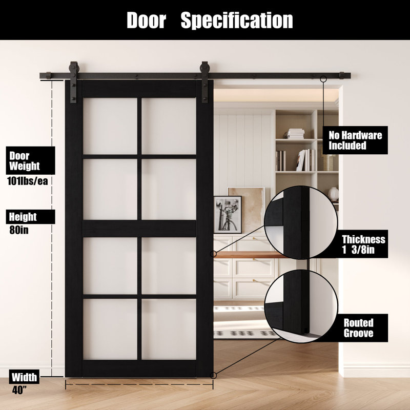 Porte de grange non assemblée et pré-finie en verre 8-Lite de 40 po x 80 po Homacer, usage intérieur seulement, 40" x 80"
