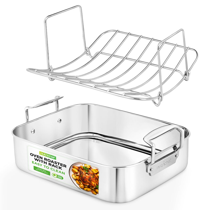  Plat à rôtir de cuisine en acier inoxydable de 14 pouces avec grille en métal poli - Ensemble de cuisson polyvalent pour la dinde, le poulet, les viandes et plus - Rôtissoire de qualité supérieure et robuste pour four avec poignées intégrées
