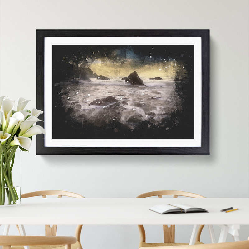 Beach and Rocks Paint Splash - Picture Frame Graphic Art, 36cm H x 48cm W x 2cm D, Black