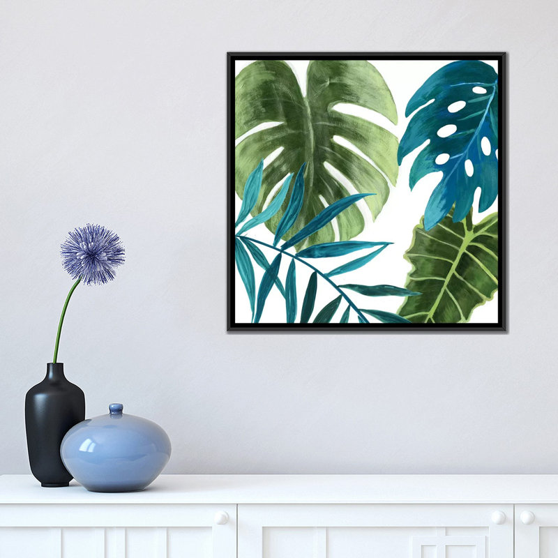«Tropical Leaves I», reproduction sur toile, H 26 po x l 26 po x P 1,5 po, Toile avec cadre noir, Pas de tapis