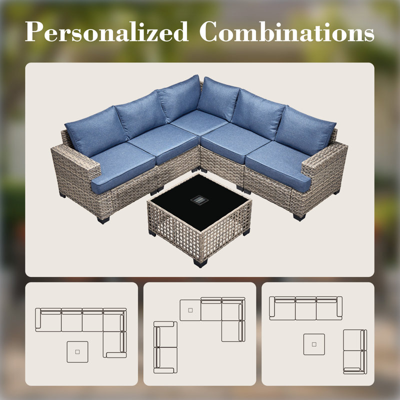 Ensemble de conversation d'extérieur modulaire réversible pour 7 personnes Wahkon, ensemble de conversation de patio en osier avec table basse éclairée, ensemble de chaises pivotantes toutes saisons avec coussins