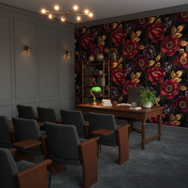 Papier peint floral, décoration murale rétro foncée