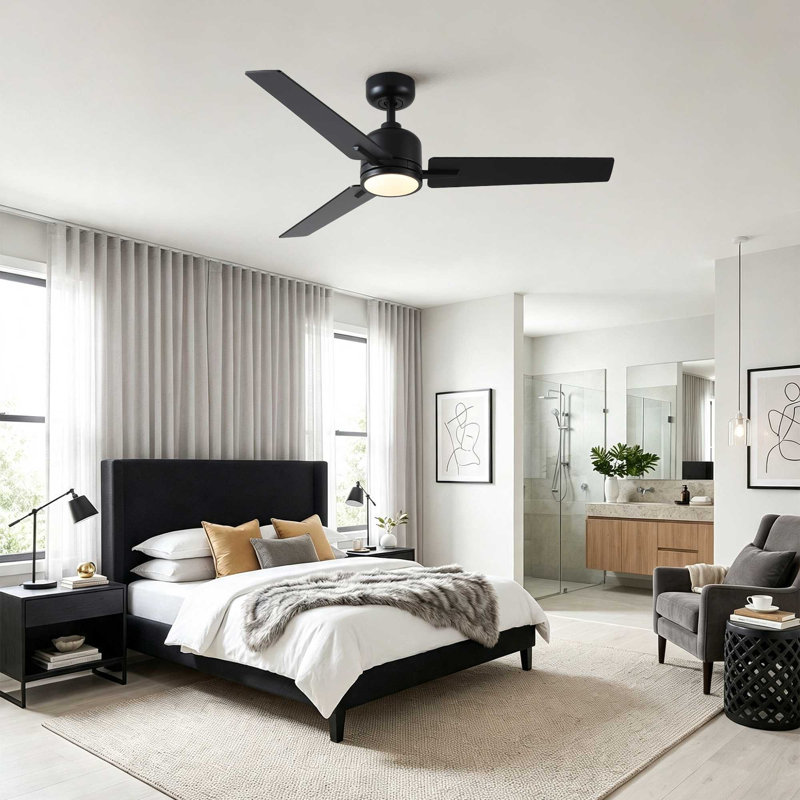 Ventilateur de plafond moderne 48 "avec lumière et 3 pales, Noir; bois brun foncé, Noir, noir, noir, noir