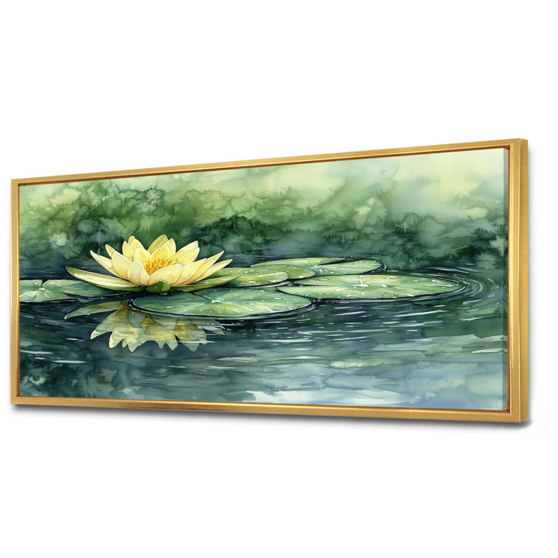 «Water Lotus Flower Tranquility At The Pond II», art mural Lotus pour le salon, H 28 po x l 60 po, Floater Framed, Doré