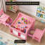 Ensemble de 3 tables d'activités en bois aggloméré rose avec 2 chaises et une bibliothèque pour les enfants