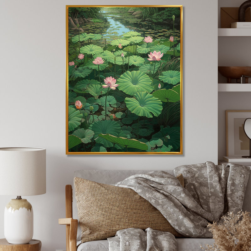 «Pinklotus P pureté en fleur I» sur toile, H 20 po x l 12 po x P 1 po, Cadre flottant doré