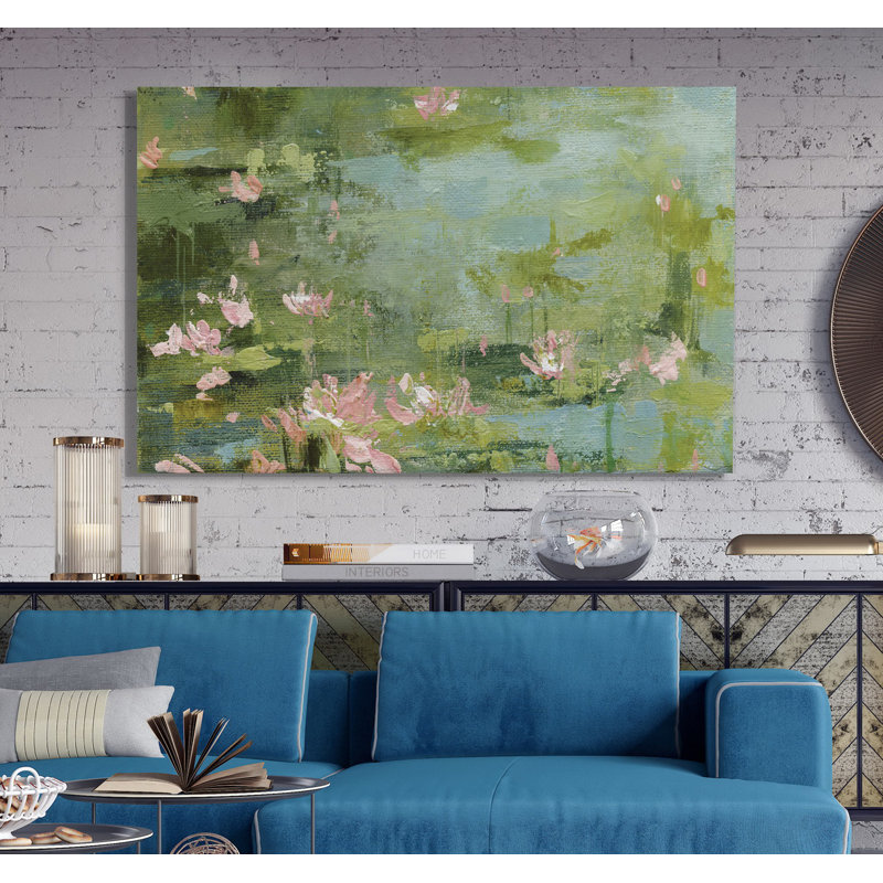 " Celadon Waterlilies II ", 8" H x 12" W x 1.5" D, Wrapped Canvas