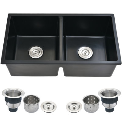 Évier de cuisine à double cuve en quartz noir L 32 po x l 18 po - Crépine à panier antirouille, antirouille et antirouille