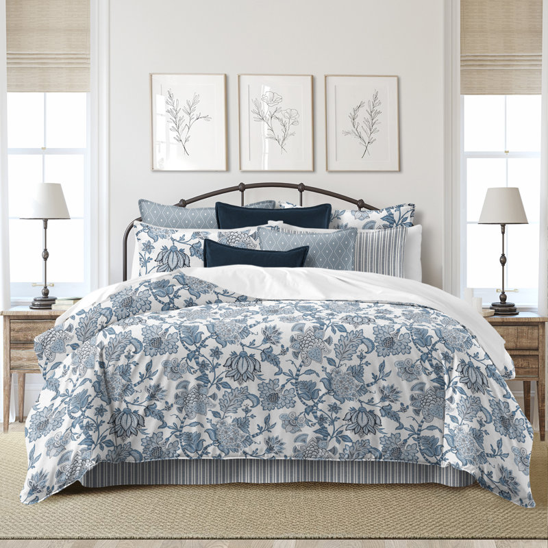 Bronte Cornflower Blue Cotton Comforter Set, Queen Comforter + 7 Additional Pieces