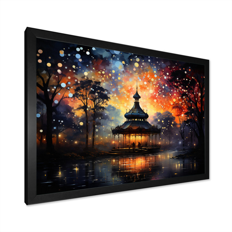 Manjinder Carousel Pointillism Dot - reproduction d'art sur toile, H 30 po x l 40 po x P 1,5 po, Cadre simple noir