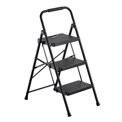 3 Step Ladder, Folding Step Stool with Wide Anti-Slip Pedal and Comfort Handgrip, Lightweight 600 lbs Capacity Portable Steel Ladder, Multi-Use for Kitchen, Home, Household and Office, Black