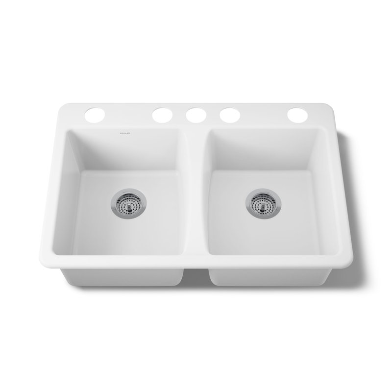 Évier de cuisine à double cuve encastrable avec accessoires Deerfield L 33 po x l 22 po, 5 trous, Blanc