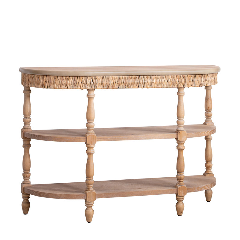 Console en bois fabriquée à la main avec garniture tissée à la main, tablettes de rangement à 3 niveaux, table d'entrée ovale avec pieds sculptés